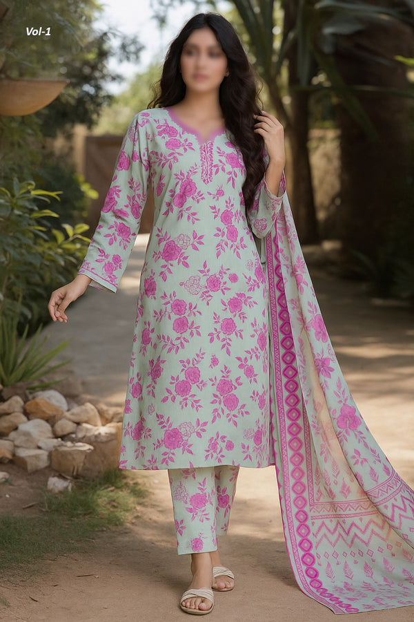 Super Offer 3pc Allover Bana Dora Lawn Price of 12 Dress ( 1 Set )