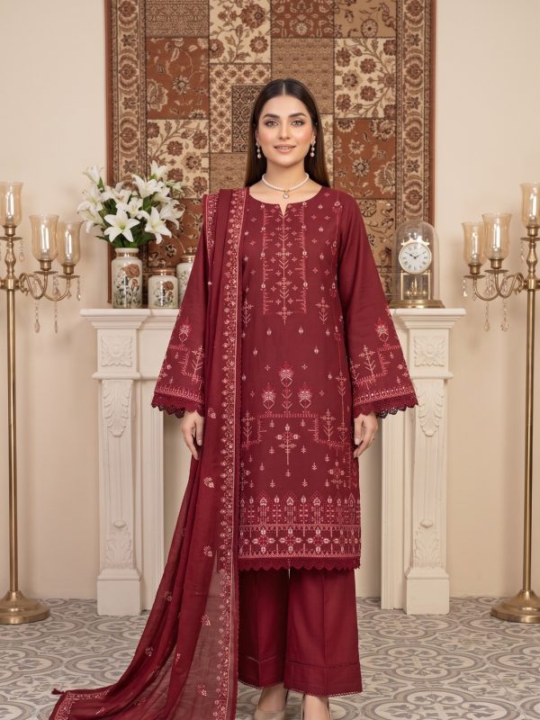 3PC Embroidery Lawn With Voil Emb Dupatta in Red | Summer Collection | Bin Nisar Pakistani Clothing