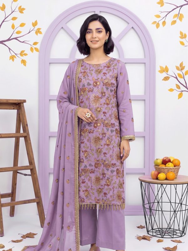 3PC Party Wear Shafoon Fully Embroidered Stitched Suit in Purple | Luxury Pret Collection | Bin Nisar Pakistani Clothing