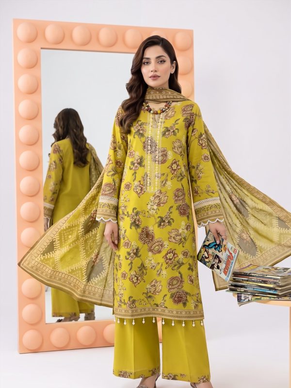 3PC Crystal Embroidered Lawn in Yellow | Summer Collection | Bin Nisar Pakistani Clothing